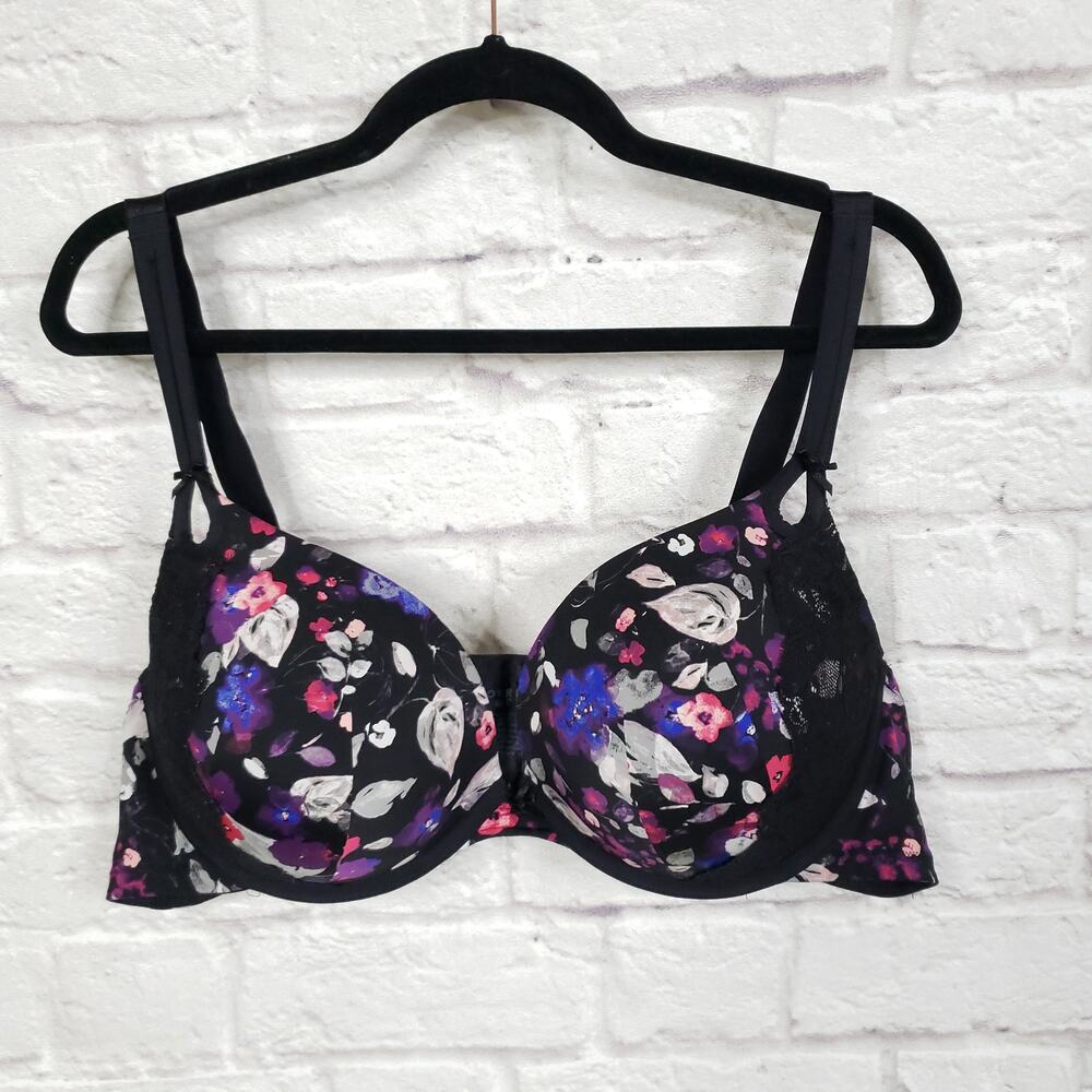 Torrid Push Up Plunge Bra Black Multicolor Floral Lace Sz 46C